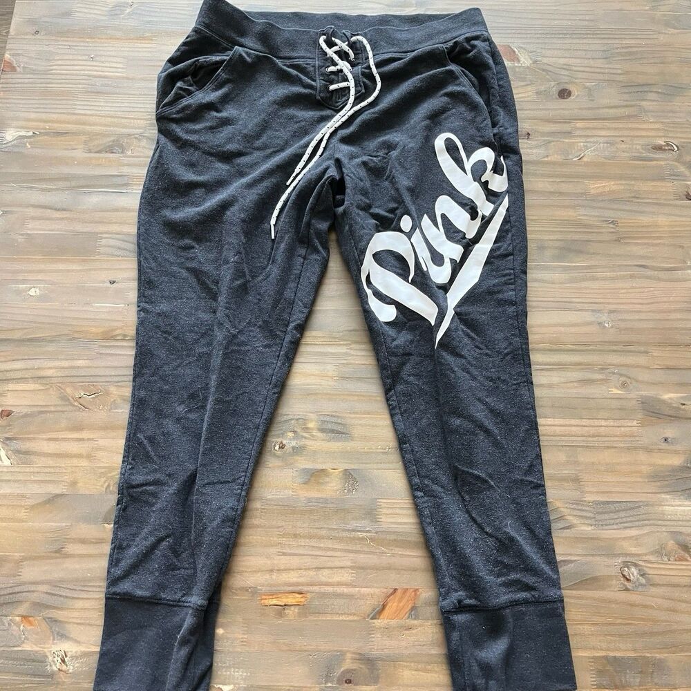 Victoria Secret PINK Dark Grey Joggers Large Sweatpants Sports Tie Drawstring